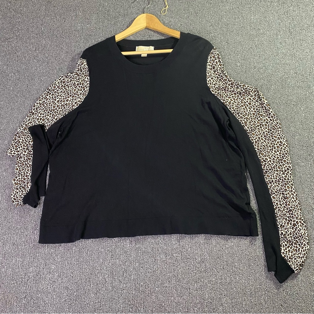 Michael Kors Pullover Sweater Blouse Black Leopard Print Indie Chic Women's 3X